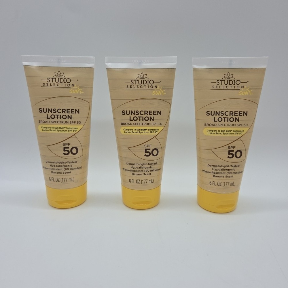 Lot Of 3 Studio Selection SPF 50 Sunscreen Lotion Banana Scent 6oz Exp 12/2026